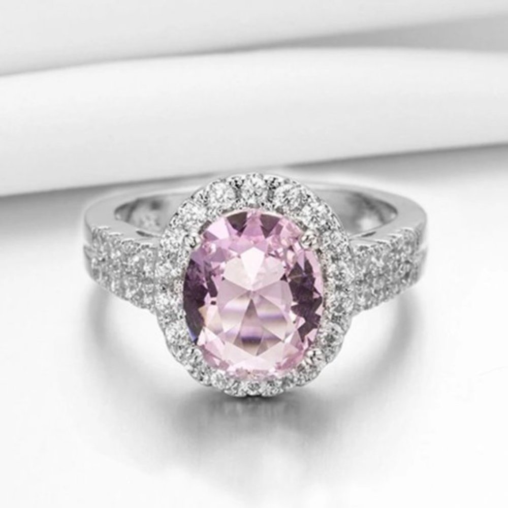 925 Sterling Silver Luxury Pink Crystal Shiny Rhinestone Ring Jewelry En… - Picture 2 of 5